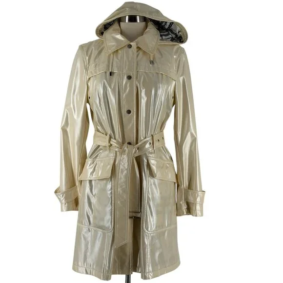 Burberry Bonnie Belt Raincoat Iridescent Cream Detachable Hood Snap Size 12 READ - Picture 2 of 16